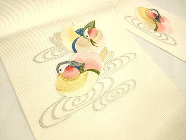 平和屋着物＊夏物　九寸名古屋帯　総刺繍　流水鴛鴦文　金銀糸　正絹　逸品　DABB3485cm