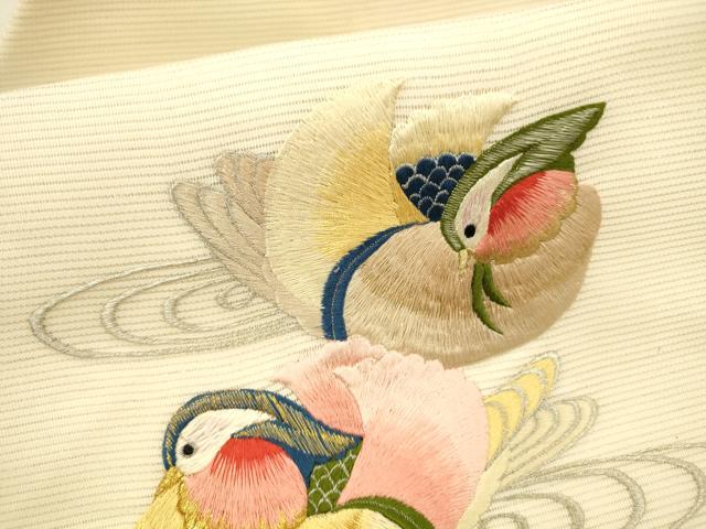 平和屋着物＊夏物　九寸名古屋帯　総刺繍　流水鴛鴦文　金銀糸　正絹　逸品　DABB3485cm 平和屋着物＊夏物 九寸名古屋帯 総刺繍 流水鴛鴦文 金銀糸 正絹 逸品