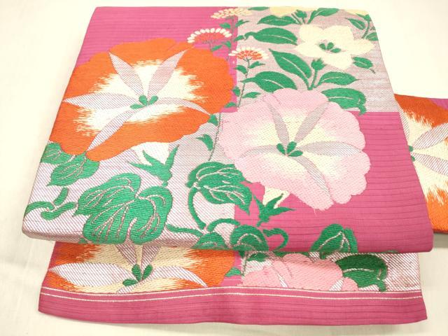 平和屋着物＊夏物　アンティーク　大正ロマン　九寸名古屋帯　唐織　草花文　銀糸　正絹　逸品　DABB3503cm