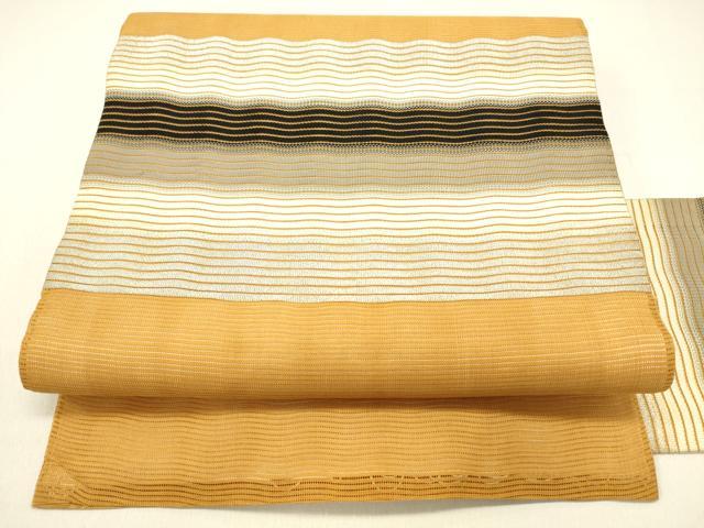 平和屋着物＊夏物　九寸名古屋帯　よろけ縞　銀糸　正絹　逸品　DABB3556cm