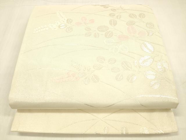 平和屋着物＊夏物　六通柄袋帯　草葉文　銀糸　正絹　逸品　DABB3593cm