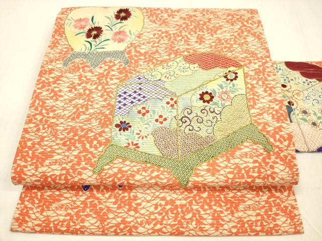 平和屋着物＊夏物 アンティーク 大正ロマン 中国三大刺繍 相良刺繍 九寸名古屋帯 手描き 駒刺繍 器物花文 金銀糸 正絹 逸品 DABB3630cm