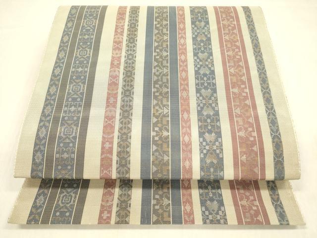 平和屋着物＊夏物　八寸名古屋帯　抽象間道　金糸　正絹　逸品　DABB3643cm