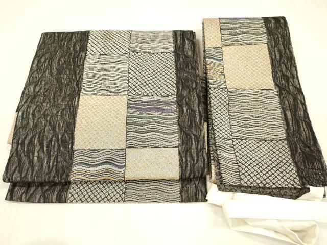 平和屋着物▽つけ帯　スリーシーズン　春夏秋　横段鹿の子文　黒地　金銀糸　正絹　逸品　DABB3955cm