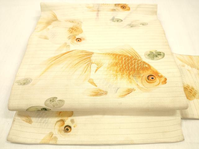 平和屋着物＊夏物　アンティーク　大正ロマン　九寸名古屋帯　手描き　手刺繍　金魚　正絹　逸品　DABB3972cm