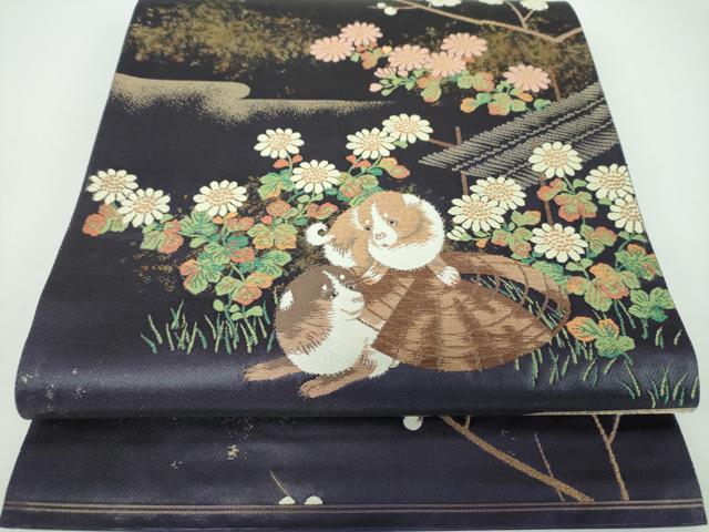 平和屋着物●六通柄袋帯　唐織　四季花犬図　金糸　正絹　逸品　DABB4182ps