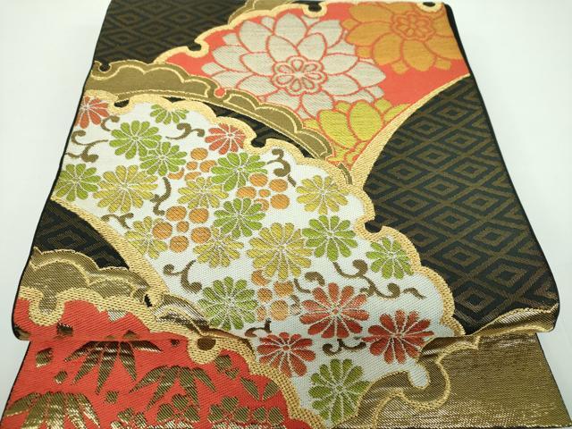 平和屋着物●西陣　川島織物　六通柄　本袋帯　雪芝花文　黒地　金糸　正絹　逸品　DABB4217ps 平和屋着物○西陣 川島織物 六通柄 本袋帯 雪芝花文 黒地 金糸 正絹