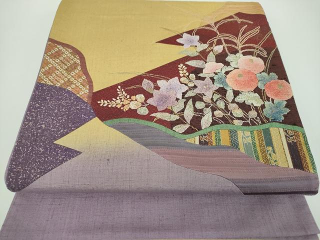 平和屋着物●中国三大刺繍　相良刺繍　太鼓柄袋帯　紬地　切嵌　秋草文　金糸　正絹　逸品　DABB4228ps