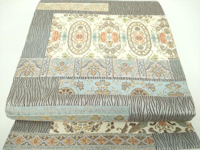 平和屋着物▽両方向 両面全通柄袋帯 スリーシーズン 春夏秋 モール 名物裂横段紋 菱重唐草紋 金銀糸 正絹 逸品 未使用 DABB4250ps