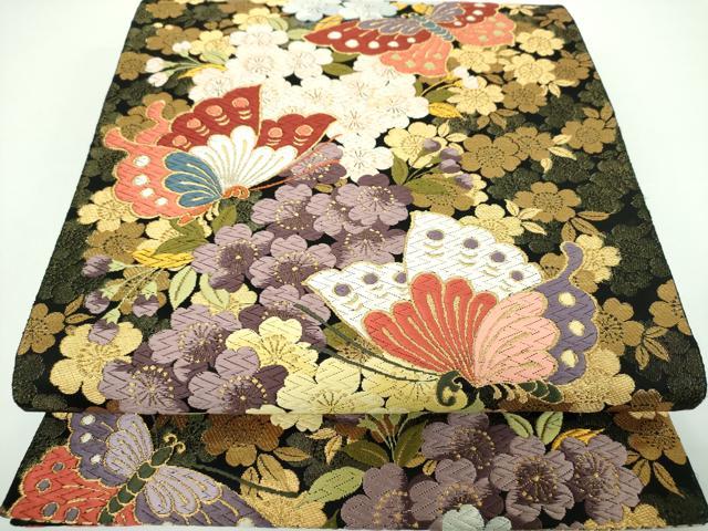 平和屋着物●六通柄袋帯　舞夢　胡蝶枝枝垂れ桜　黒地　金糸　正絹　逸品　DABB4268ps