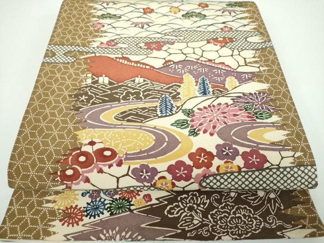 平和屋着物●全通柄袋帯　型染　風景花文　金通し地　正絹　逸品　DABB4271ps
