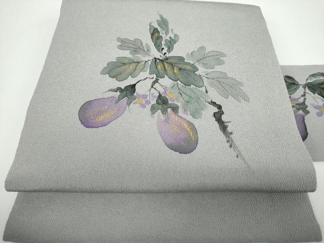 平和屋着物●九寸名古屋帯　手描き　成り物　茄子　金彩　鬼しぼ縮緬　正絹　逸品　DABB4297ps
