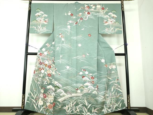 平和屋着物●訪問着　駒刺繍　渡橋飛鶴風景花文　暈し染め　金彩　正絹　逸品　DABB4360ps