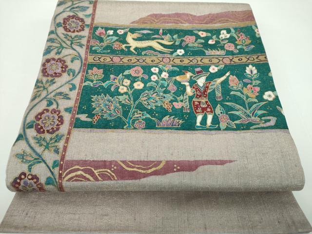 平和屋着物●中国三大刺繍　相良刺繍　太鼓柄袋帯　紬地　鳥獣更紗花文　金彩　金通し地　正絹　逸品　DABB4449ps 16,702円