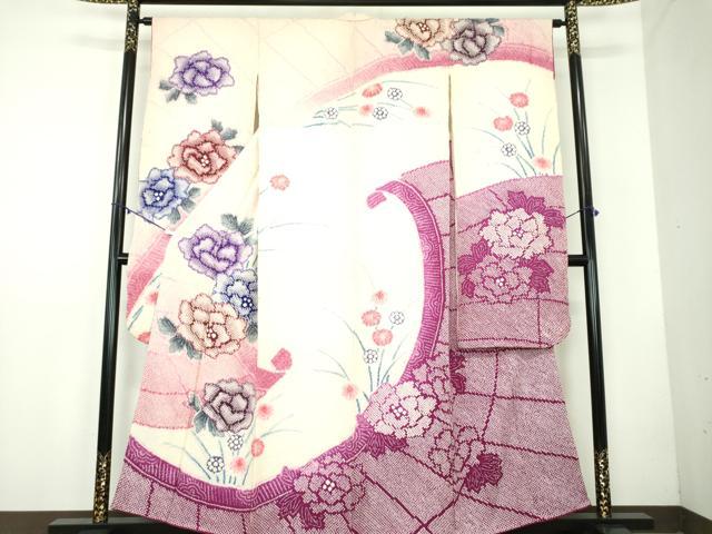 平和屋着物●豪華振袖　牡丹花蝶文　ラメ糸　暈し染め　銀通し地　正絹　逸品　CABC7178yc 平和屋着物○豪華振袖 花蝶文 暈し染め 金彩 正絹 逸品 AABG7526phの