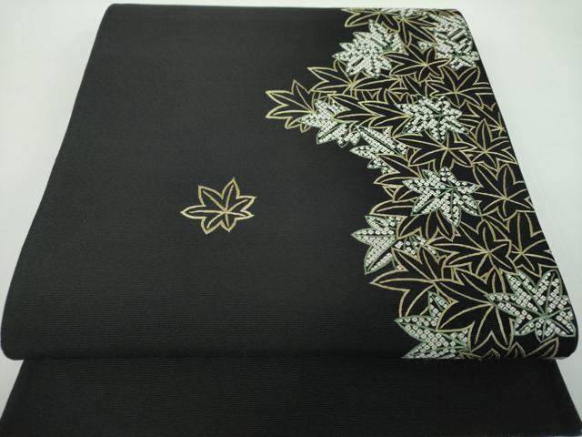 平和屋着物●太鼓柄袋帯　総刺繍　楓　黒地　正絹　逸品　DABB4612ps