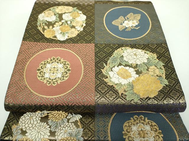 平和屋着物●西陣　じゅらく謹製　黄金繭　六通柄袋帯　唐織　市松吉祥花丸文　金糸　やまと誂製　正絹　逸品　DABB4631ps