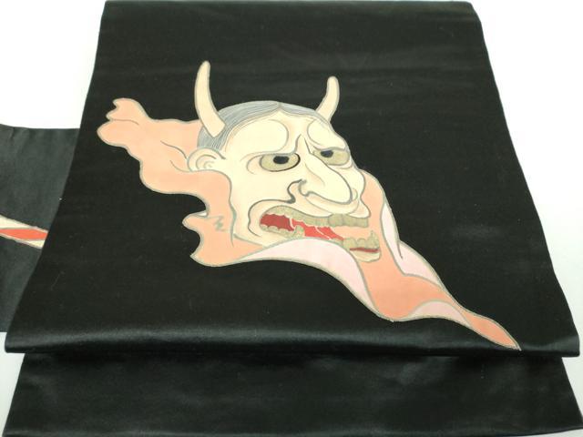 平和屋着物●アンティーク　大正ロマン　九寸名古屋帯　刺繍　手描き　般若　黒地　金彩　正絹　逸品　DABB4665ps