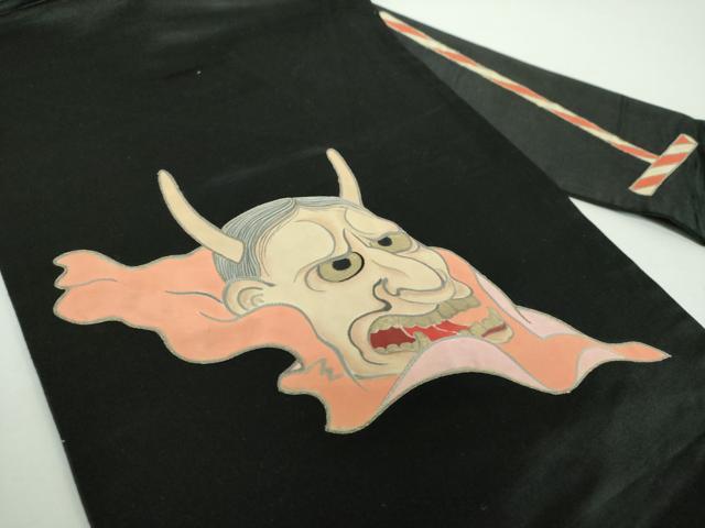 平和屋着物●アンティーク　大正ロマン　九寸名古屋帯　刺繍　手描き　般若　黒地　金彩　正絹　逸品　DABB4665ps_1
