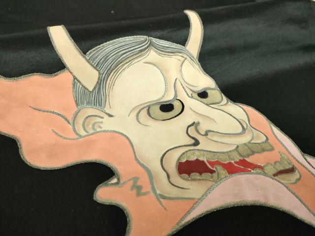 平和屋着物●アンティーク　大正ロマン　九寸名古屋帯　刺繍　手描き　般若　黒地　金彩　正絹　逸品　DABB4665ps_2
