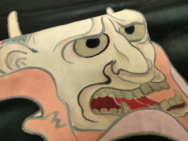 平和屋着物●アンティーク　大正ロマン　九寸名古屋帯　刺繍　手描き　般若　黒地　金彩　正絹　逸品　DABB4665ps_3