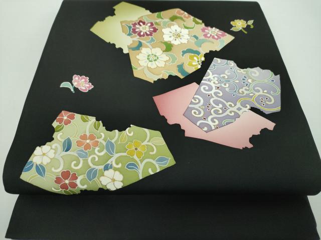 平和屋着物●塩瀬　九寸開き名古屋帯　破れ色紙花文　黒地　金彩　正絹　逸品　DABB4666ps 38,870円