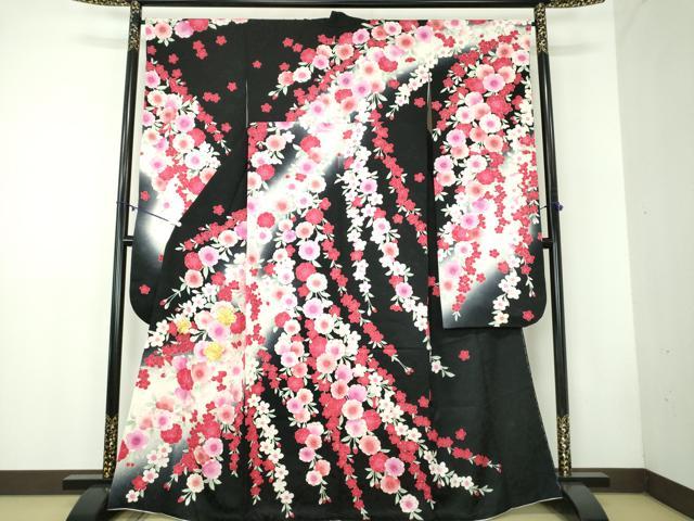 平和屋着物●豪華振袖　駒刺繍　枝垂れ桜　暈し染め　黒地　金彩　正絹　逸品　DABB4749ps 平和屋着物○豪華振袖 駒刺繍 手毬枝垂れ桜文 金彩 正絹 逸品