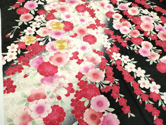 平和屋着物○豪華振袖 駒刺繍 枝垂れ桜 暈し染め 黒地 金彩 正絹 逸品