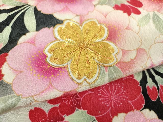 平和屋着物○豪華振袖 駒刺繍 枝垂れ桜 暈し染め 黒地 金彩 正絹 逸品