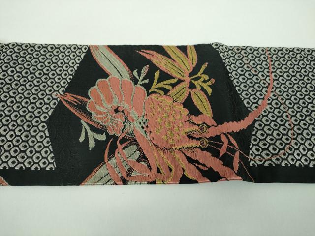 平和屋着物●アンティーク　大正ロマン　九寸名古屋帯　唐織　伊勢海老　糸巻花文　黒地　金糸　正絹　逸品　DABB4792ps 平和屋着物○アンティーク 大正ロマン 九寸名古屋帯 唐織 伊勢海老