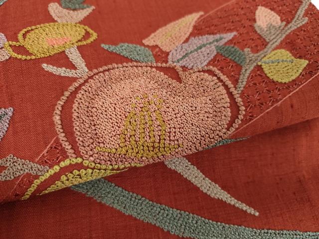 平和屋着物●中国三大刺繍　スワトウ相良刺繍　汕頭相良刺繍　総刺繍　九寸名古屋帯　紬地　枝花文　正絹　逸品　DABB4819ps_2
