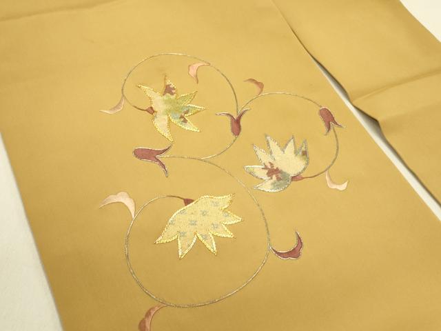 平和屋着物●塩瀬　九寸名古屋帯　駒刺繍　草葉文　金糸　正絹　逸品　DABB7123op 平和屋着物○塩瀬 九寸名古屋帯 駒刺繍 草葉文 金糸 正絹 逸品