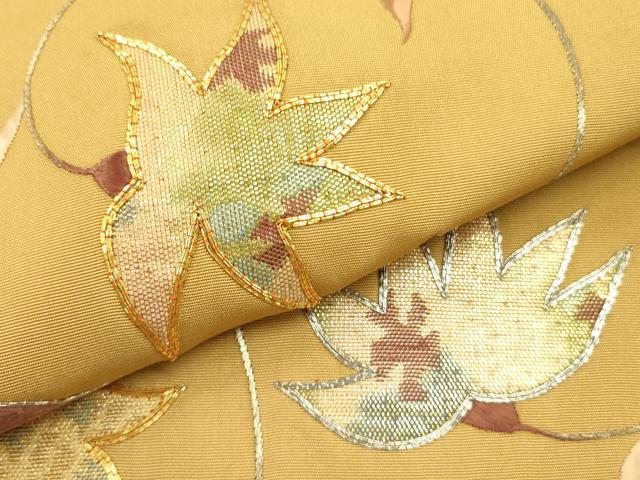 平和屋着物●塩瀬　九寸名古屋帯　駒刺繍　草葉文　金糸　正絹　逸品　DABB7123op 平和屋着物○塩瀬 九寸名古屋帯 駒刺繍 草葉文 金糸 正絹 逸品