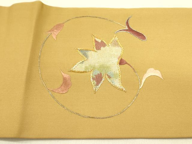 平和屋着物●塩瀬　九寸名古屋帯　駒刺繍　草葉文　金糸　正絹　逸品　DABB7123op 平和屋着物○塩瀬 九寸名古屋帯 駒刺繍 草葉文 金糸 正絹 逸品