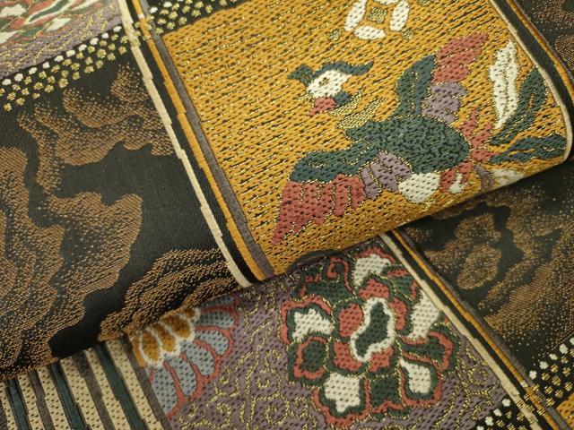 平和屋着物○太鼓柄袋帯 紬地 霞文 黒地 金彩 正絹 逸品 DAAT0159ob
