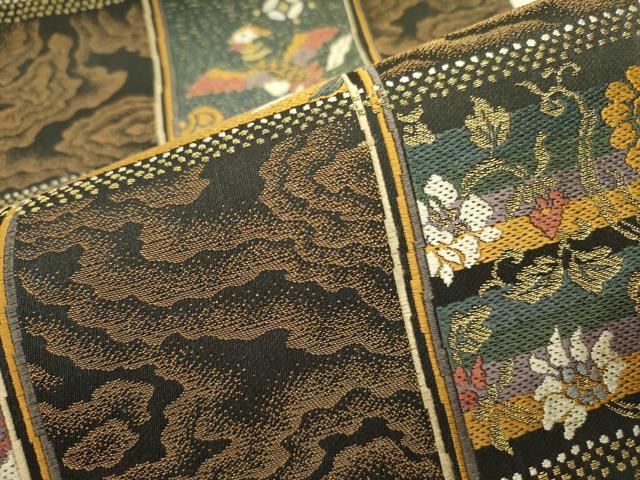 平和屋着物○太鼓柄袋帯 紬地 霞文 黒地 金彩 正絹 逸品 DAAT0159ob