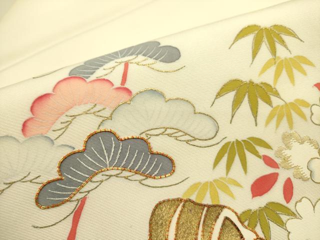 平和屋着物●塩瀬　九寸名古屋帯　駒刺繍　流水風景花文　金彩　正絹　逸品　DABB7226op 平和屋着物○塩瀬 九寸名古屋帯 駒刺繍 御所車花文 黒地 金彩 正絹