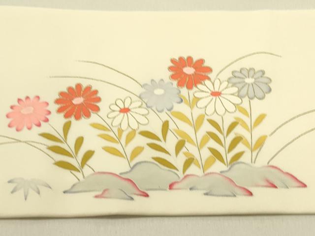 平和屋着物●塩瀬　九寸名古屋帯　駒刺繍　流水風景花文　金彩　正絹　逸品　DABB7226op 平和屋着物○塩瀬 九寸名古屋帯 作家物 手描き 牡丹 金彩 正絹 逸品