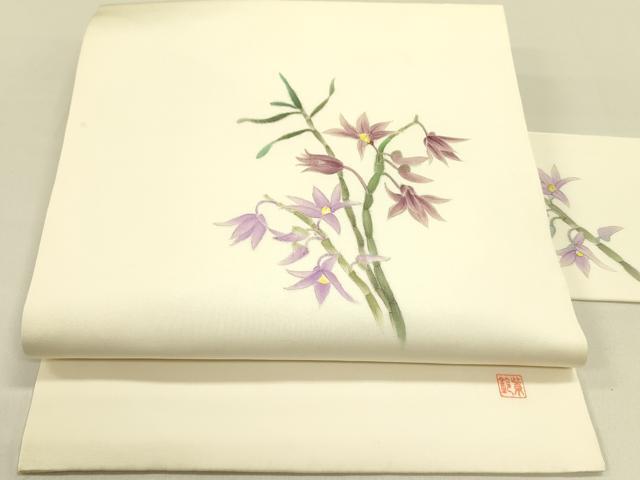 平和屋着物●塩瀬　九寸名古屋帯　作家物　手描き　草花　正絹　逸品　DABB7316op