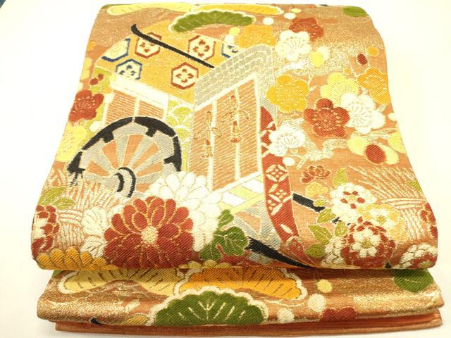 平和屋着物●アンティーク　大正ロマン　丸帯　御所車花文　金糸　引き抜き帯　正絹　逸品　DABB7317op