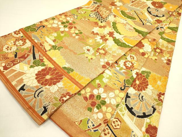 平和屋着物●アンティーク　大正ロマン　丸帯　御所車花文　金糸　引き抜き帯　正絹　逸品　DABB7317op_4