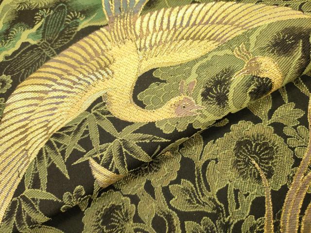 平和屋着物●アンティーク　大正ロマン　丸帯　鳳凰花文　黒地　金糸　引き抜き帯　正絹　逸品　未使用　DABB7318op_2