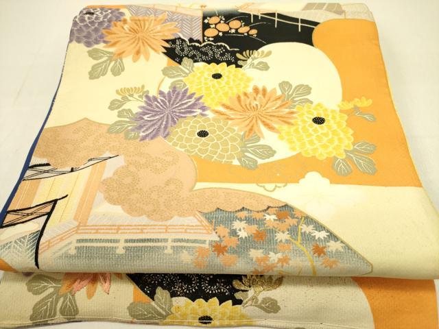 平和屋着物●アンティーク　大正ロマン　両面　六通柄京袋帯　刺繍　風景花文　引き抜き帯　金彩　正絹　逸品　DABB7336op