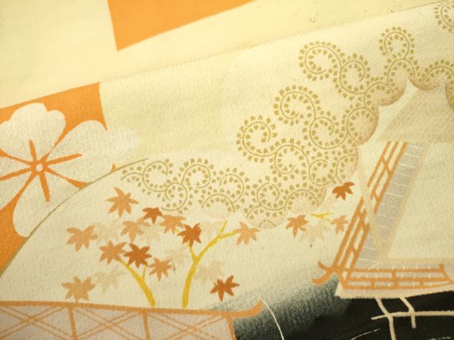 平和屋着物●アンティーク　大正ロマン　両面　六通柄京袋帯　刺繍　風景花文　引き抜き帯　金彩　正絹　逸品　DABB7336op_3