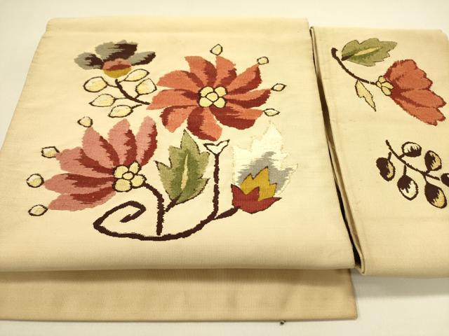 平和屋着物●爪掻き本綴れ　つけ帯　モール　草花　金糸　正絹　逸品　DABB7412op