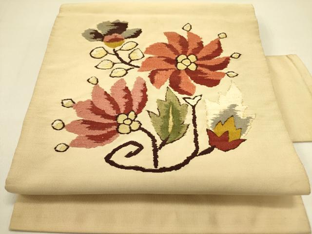 平和屋着物●爪掻き本綴れ　つけ帯　モール　草花　金糸　正絹　逸品　DABB7412op_1