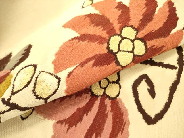 平和屋着物●爪掻き本綴れ　つけ帯　モール　草花　金糸　正絹　逸品　DABB7412op_3