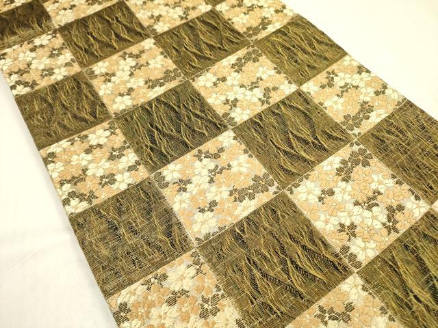 平和屋着物○六通柄袋帯 唐織 櫛織 市松花文 金糸 正絹 逸品