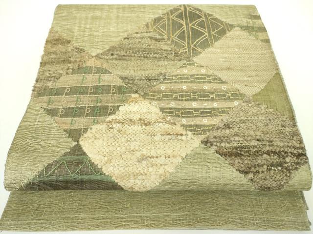 平和屋着物▽太鼓柄袋帯　スリーシーズン　春夏秋　櫛織　モール　幾何学文様　正絹　逸品　DABB7671op