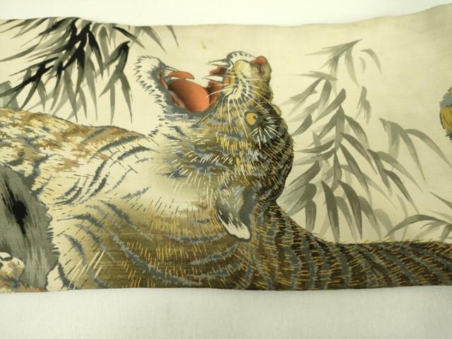 平和屋着物○アンティーク 大正ロマン 九寸名古屋帯 刺繍 虎 トラ 金糸